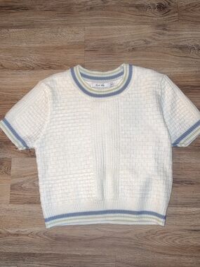 Knit Mix Cream Textured Short Sleeve Sweater with Blue & Lime Stripes